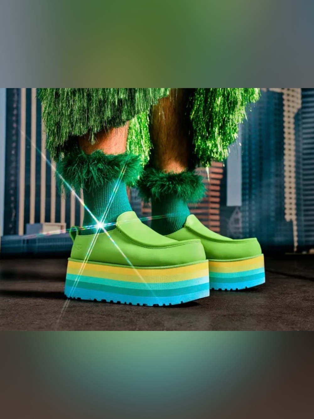 VGUC UGG Unisex Adult URSeen Platform Slippers Green Multi Colorway
